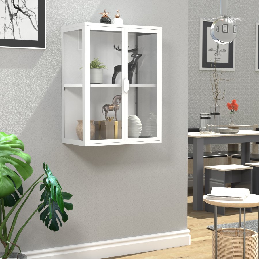 VCM NORDIC Flokas M Hängeschrank, m. 2 Türen und 1 Einlegeboden - Glas und weißer Stahl