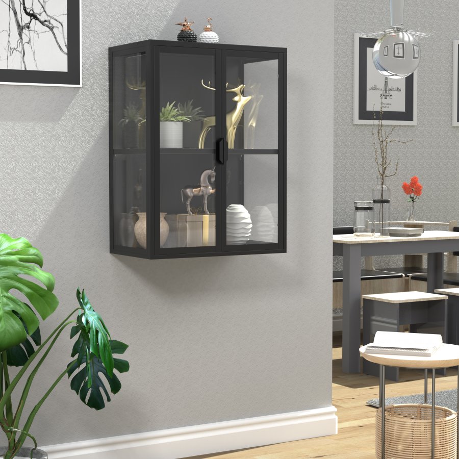 VCM NORDIC Flokas M Hängeschrank, m. 2 Türen und 1 Einlegeboden – Glas und schwarzer Stahl