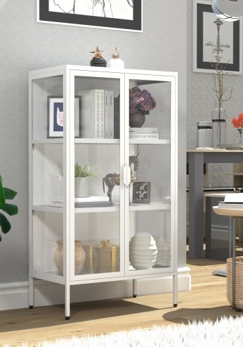 VCM NORDIC Floka M Vitrine, mit 2 Türen und 2 Einlegeböden – Glas und weißer Stahl