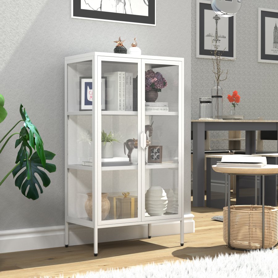 VCM NORDIC Floka M Vitrine, mit 2 Türen und 2 Einlegeböden – Glas und weißer Stahl