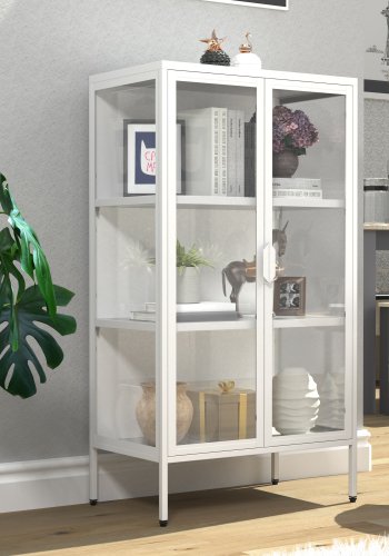 VCM NORDIC Floka M Vitrine, mit 2 Türen und 2 Einlegeböden – Glas und weißer Stahl