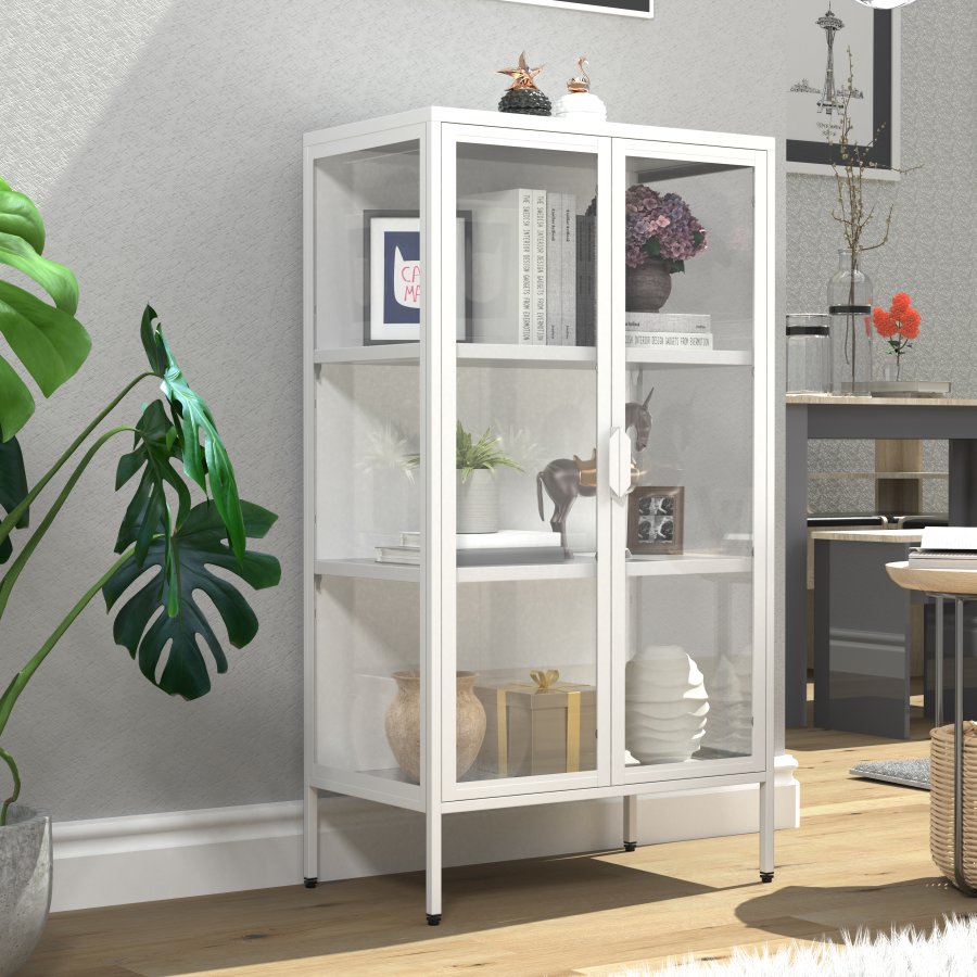 VCM NORDIC Floka M Vitrine, mit 2 Türen und 2 Einlegeböden – Glas und weißer Stahl