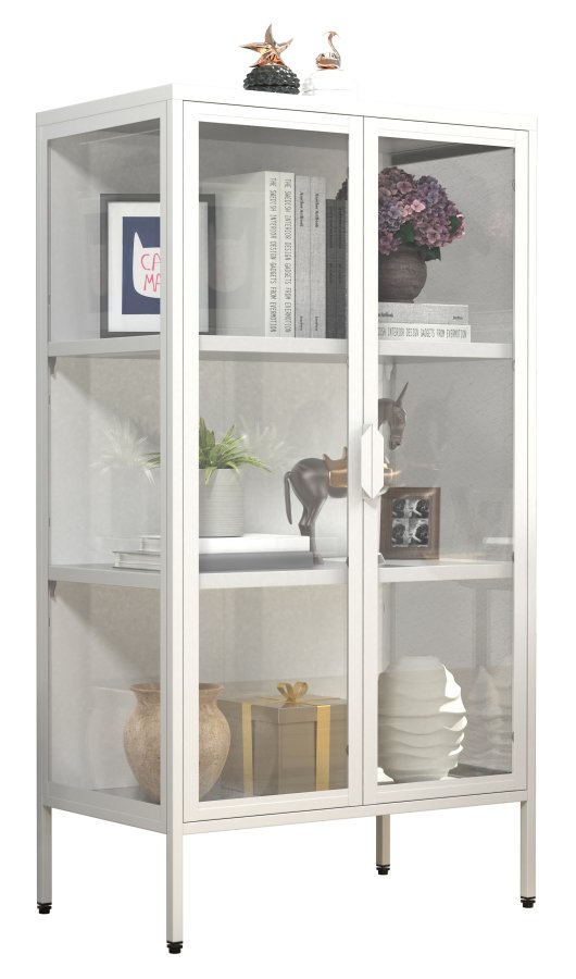 VCM NORDIC Floka M Vitrine, mit 2 Türen und 2 Einlegeböden – Glas und weißer Stahl