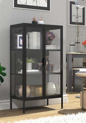 VCM NORDIC Floka M Vitrine, mit 2 Türen und 2 Einlegeböden – Glas und schwarzer Stahl