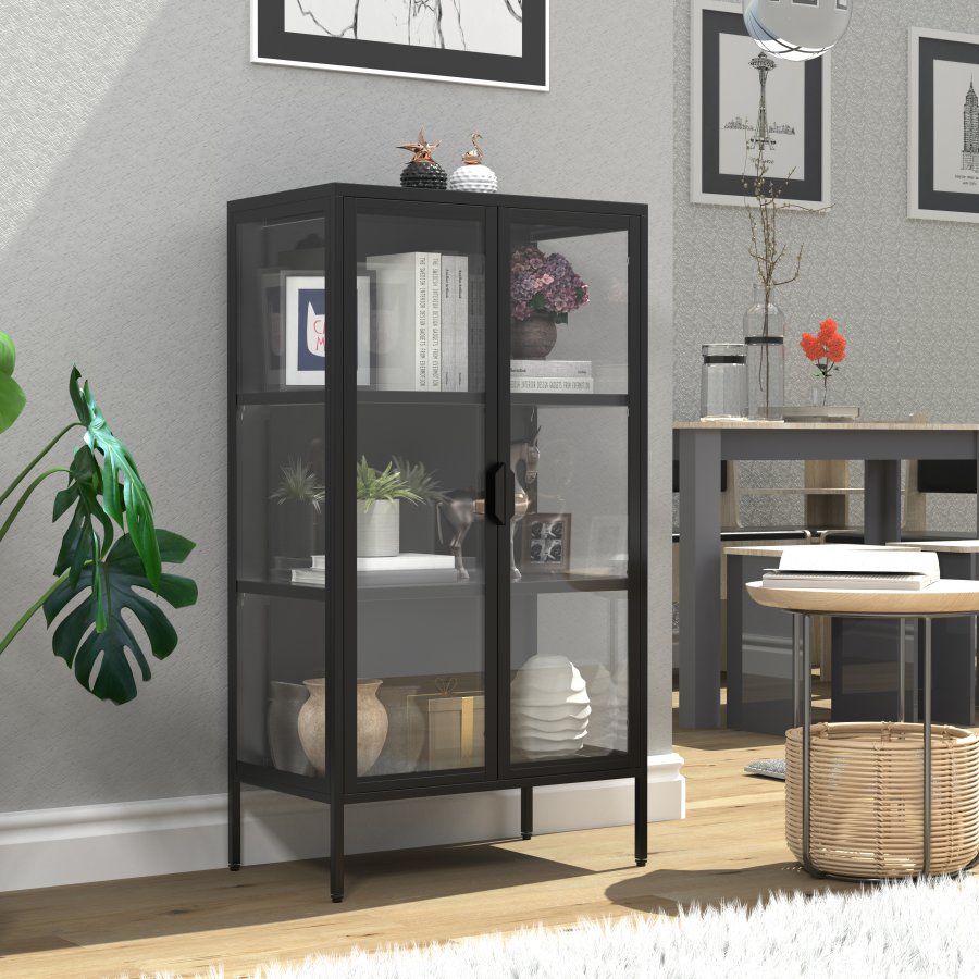 VCM NORDIC Floka M Vitrine, mit 2 Türen und 2 Einlegeböden – Glas und schwarzer Stahl