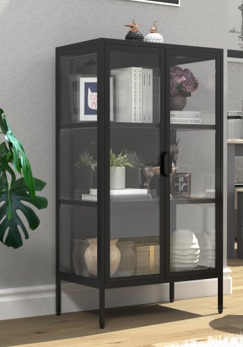 VCM NORDIC Floka M Vitrine, mit 2 Türen und 2 Einlegeböden – Glas und schwarzer Stahl