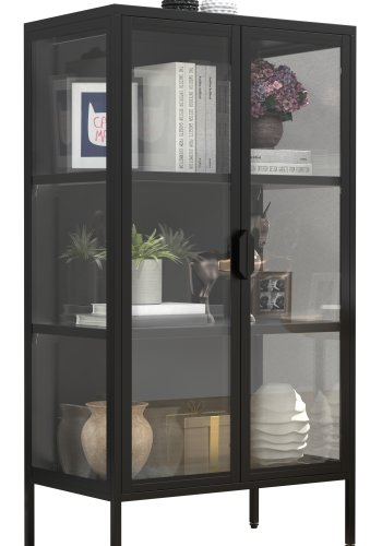 VCM NORDIC Floka M Vitrine, mit 2 Türen und 2 Einlegeböden – Glas und schwarzer Stahl