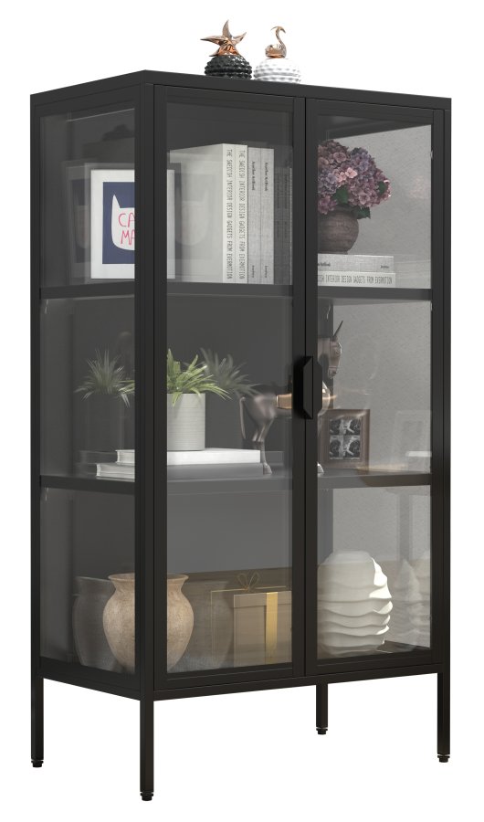 VCM NORDIC Floka M Vitrine, mit 2 Türen und 2 Einlegeböden – Glas und schwarzer Stahl