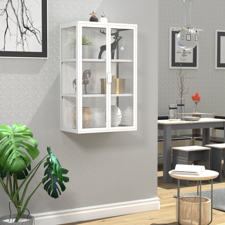 VCM NORDIC Flokas L Hängeschrank, m. 2 Türen und 2 Einlegeböden – Glas und weißer Stahl