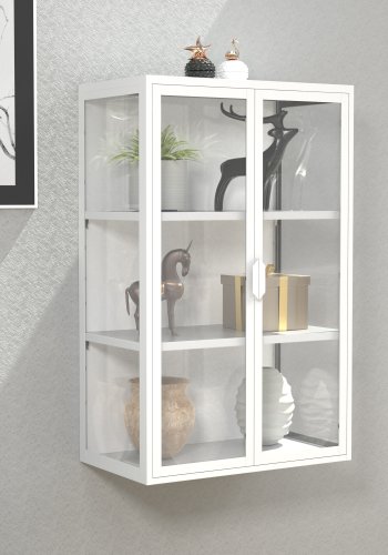 VCM NORDIC Flokas L Hängeschrank, m. 2 Türen und 2 Einlegeböden – Glas und weißer Stahl