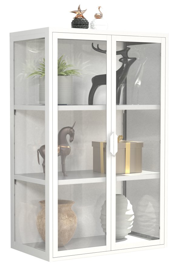 VCM NORDIC Flokas L Hängeschrank, m. 2 Türen und 2 Einlegeböden – Glas und weißer Stahl