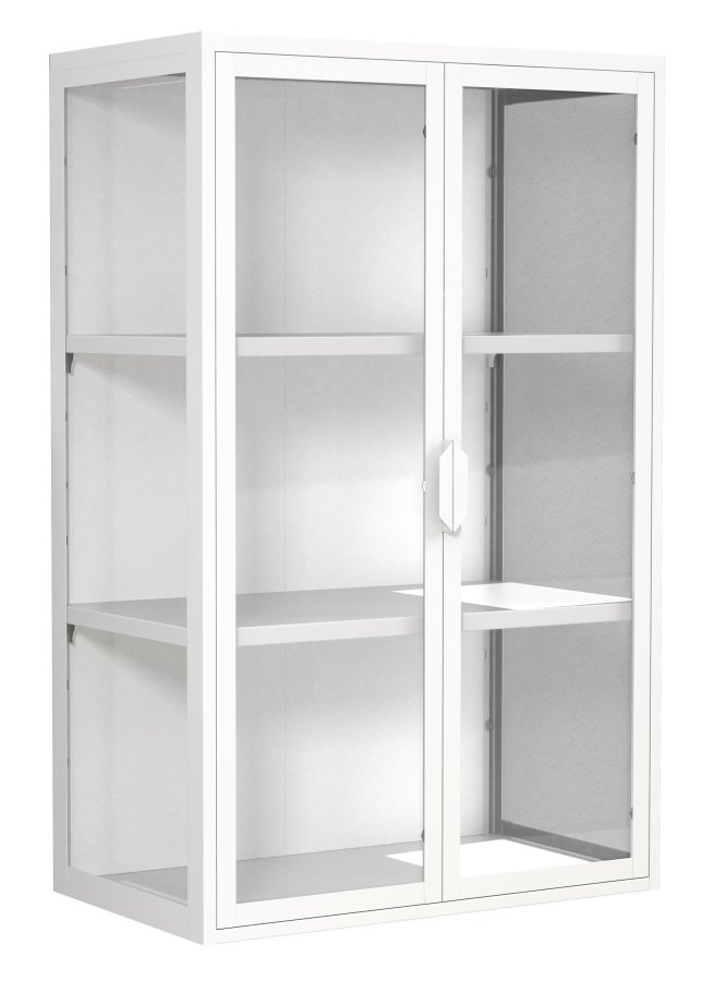 VCM NORDIC Flokas L Hängeschrank, m. 2 Türen und 2 Einlegeböden – Glas und weißer Stahl