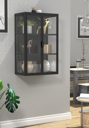 VCM NORDIC Flokas L Hängeschrank, m. 2 Türen und 2 Einlegeböden – Glas und schwarzer Stahl