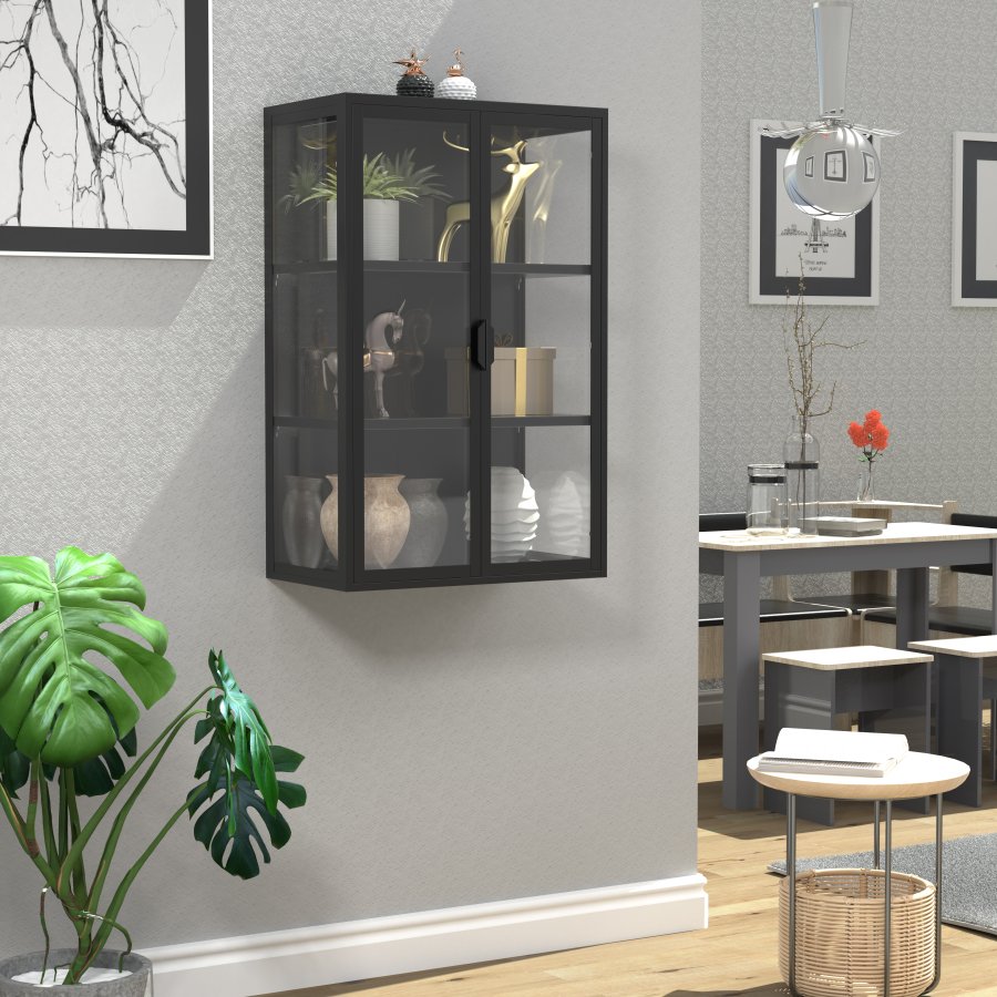 VCM NORDIC Flokas L Hängeschrank, m. 2 Türen und 2 Einlegeböden – Glas und schwarzer Stahl