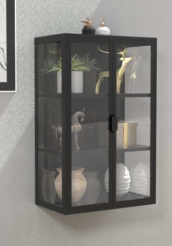 VCM NORDIC Flokas L Hängeschrank, m. 2 Türen und 2 Einlegeböden – Glas und schwarzer Stahl