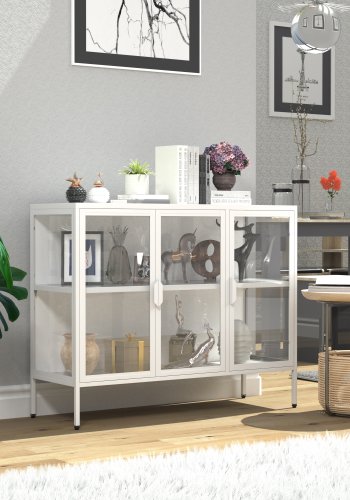 VCM NORDIC Floka L Vitrine, mit 3 Türen und 1 Einlegeboden - Glas und weißer Stahl