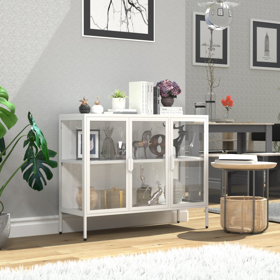 VCM NORDIC Floka L Vitrine, mit 3 Türen und 1 Einlegeboden - Glas und weißer Stahl