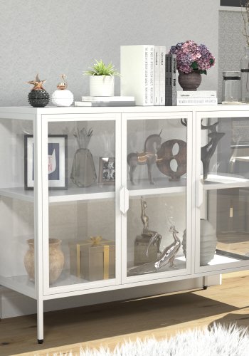 VCM NORDIC Floka L Vitrine, mit 3 Türen und 1 Einlegeboden - Glas und weißer Stahl