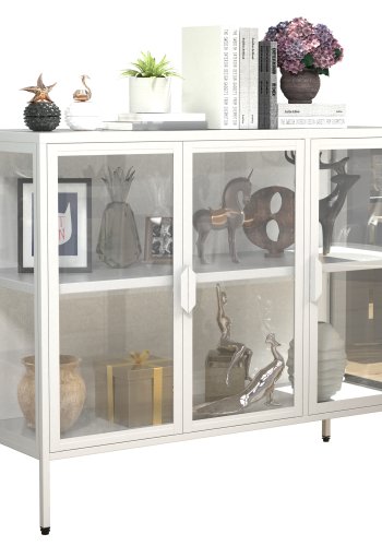 VCM NORDIC Floka L Vitrine, mit 3 Türen und 1 Einlegeboden - Glas und weißer Stahl