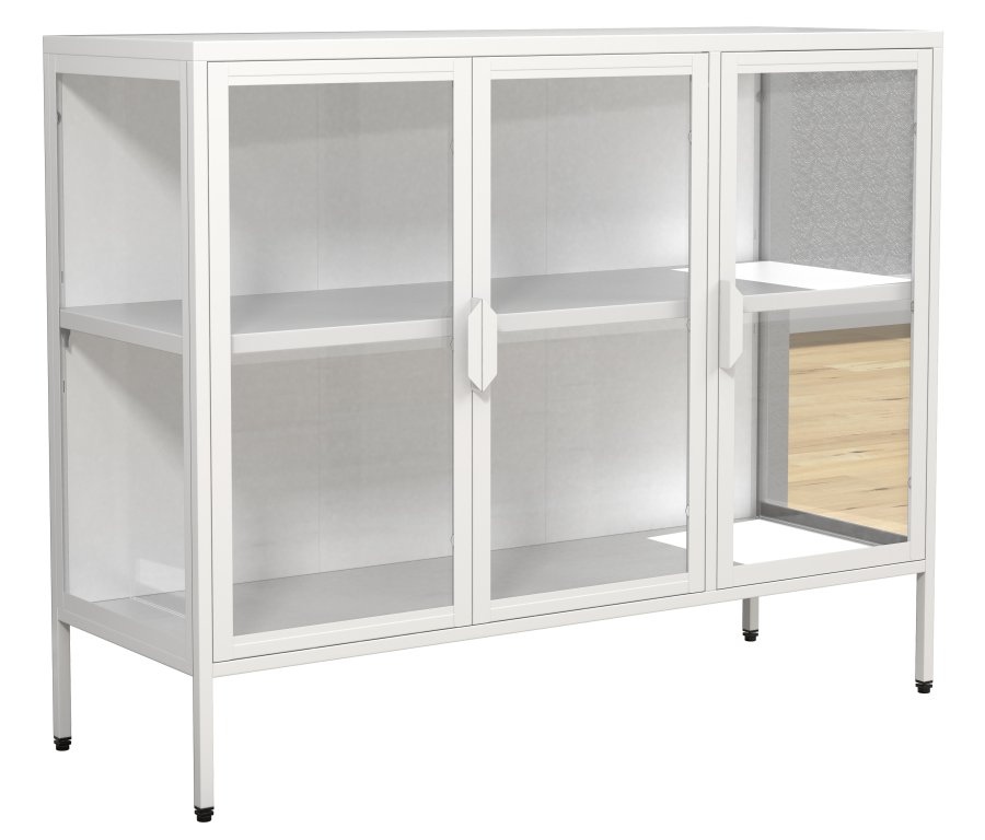 VCM NORDIC Floka L Vitrine, mit 3 Türen und 1 Einlegeboden - Glas und weißer Stahl