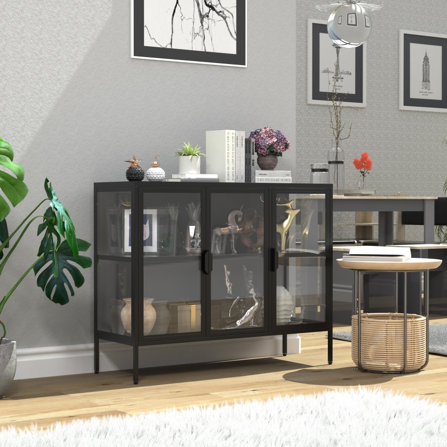 VCM NORDIC Floka L vitrineskap, m. 3 drer og 1 hylle - glass og sort stl