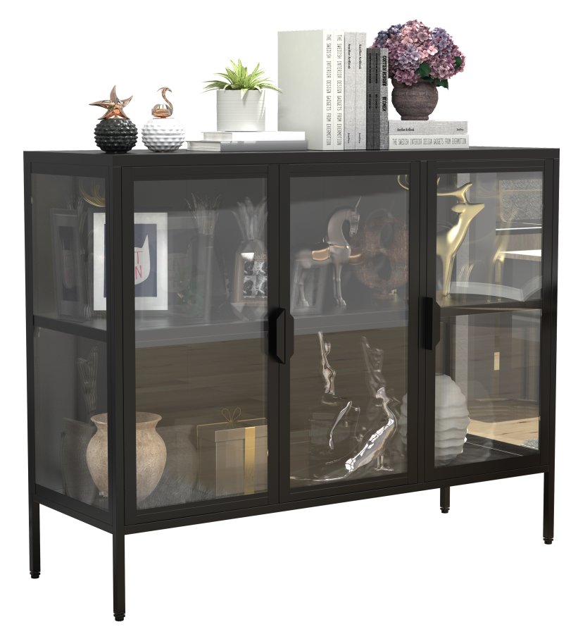 VCM NORDIC Floka L vitrineskap, m. 3 drer og 1 hylle - glass og sort stl