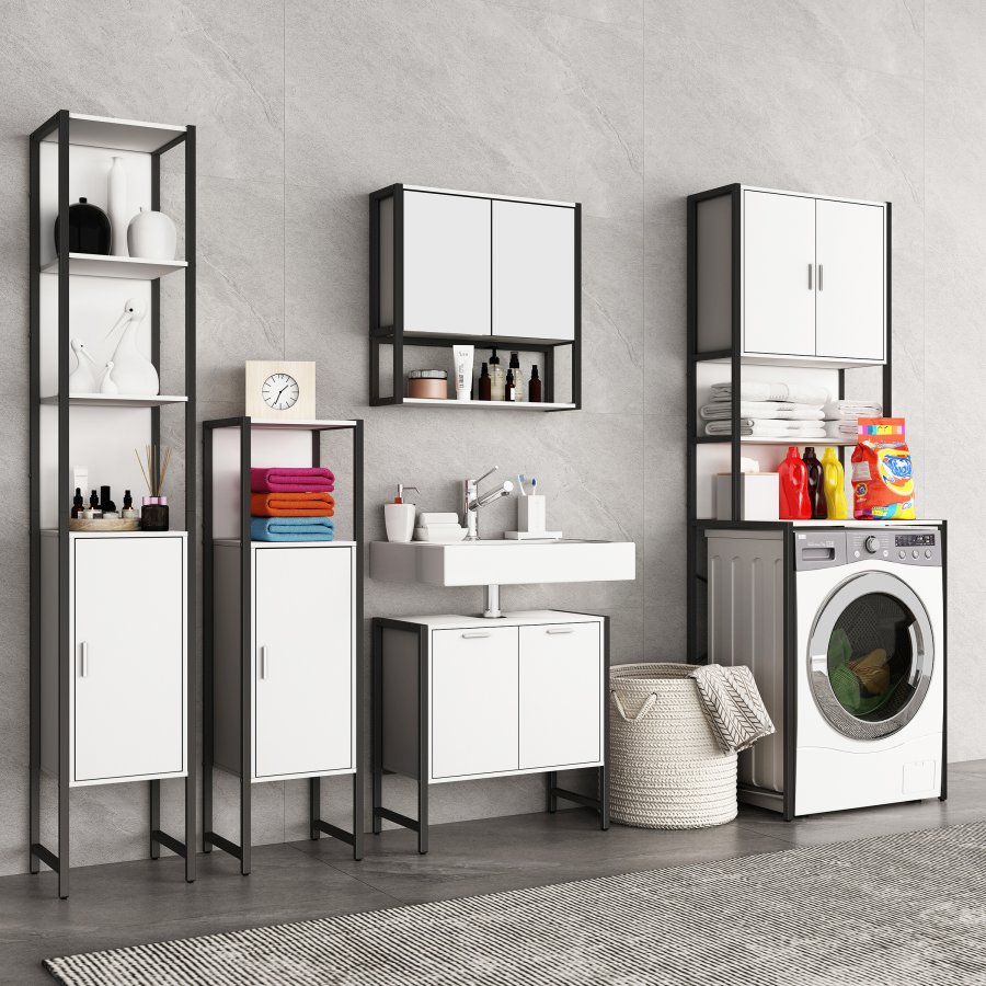 VCM NORDIC Edino Badezimmerschrank, mit Spiegel, 2 Türen, 1 Einlegeboden – Holz weiß