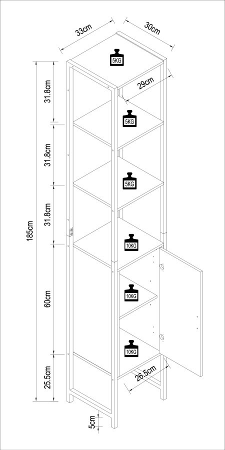 VCM NORDIC Edino Badezimmerschrank Hoch, mit 1 Tür und 3 Einlegeböden – Melamin weiß