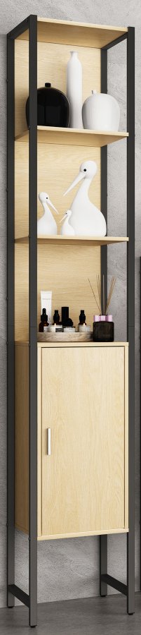 VCM NORDIC Edino Badezimmerschrank Hoch, mit 1 Tür und 3 Einlegeböden – Melamin Natur