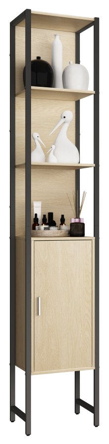 VCM NORDIC Edino Badezimmerschrank Hoch, mit 1 Tür und 3 Einlegeböden – Melamin Natur