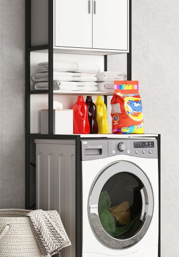 VCM NORDIC Edino skap for vaskemaskin/trketrommel, m. 2 drer, 3 hyller - hvitt tre