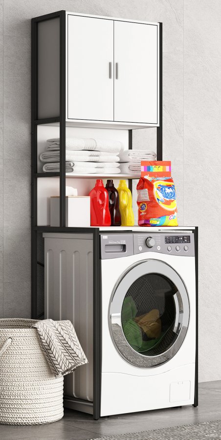 VCM NORDIC Edino skap for vaskemaskin/trketrommel, m. 2 drer, 3 hyller - hvitt tre