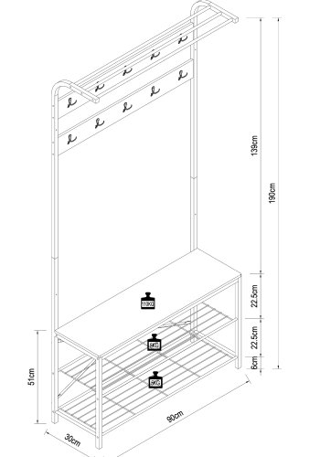 VCM NORDIC Taliro garderobestativ, m. hattehylde, 10 knager, 2 hylder, siddeplads - natur/sort metal