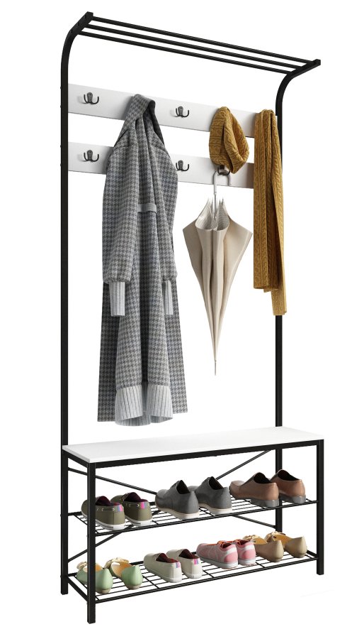 VCM NORDIC Taliro garderobestativ, m. hattehylde, 10 knager, 2 hylder, siddeplads - hvid/sort metal