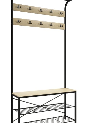 VCM NORDIC Taliro garderobestativ, m. hattehylde, 10 knager, 2 hylder, siddeplads - natur/sort metal