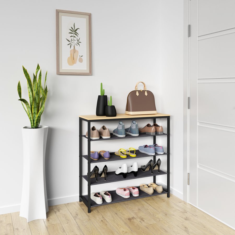 VCM NORDIC Taliro Schuhregal, mit 4 Fächern - Natur/Schwarz Metall