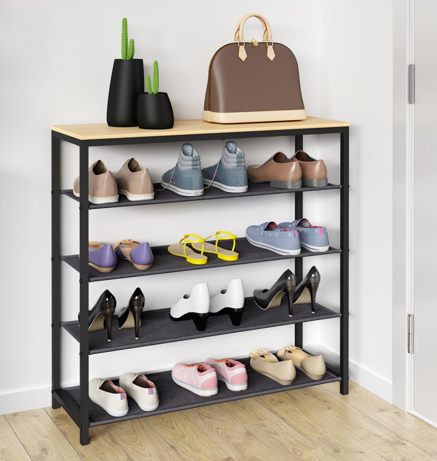 VCM NORDIC Taliro Schuhregal, mit 4 Fächern - Natur/Schwarz Metall