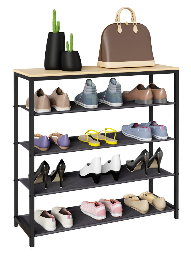 VCM NORDIC Taliro Schuhregal, mit 4 Fächern - Natur/Schwarz Metall