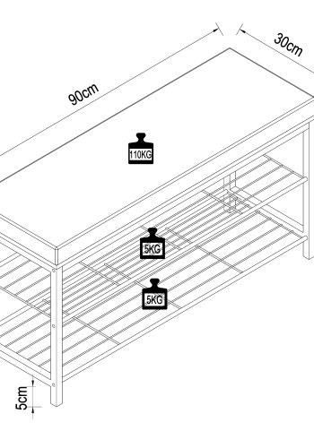 VCM NORDIC Taliro skostativ, m. 2 hyller og polstret benk - hvitt og svart metall (90x30)