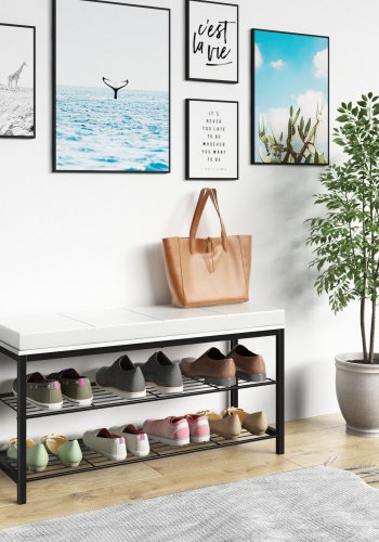 VCM NORDIC Taliro skostativ, m. 2 hyller og polstret benk - hvitt og svart metall (90x30)