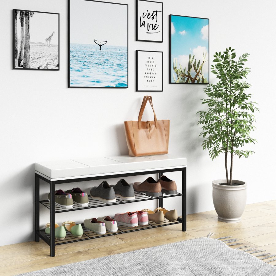 VCM NORDIC Taliro skostativ, m. 2 hyller og polstret benk - hvitt og svart metall (90x30)