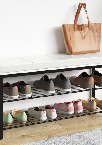 VCM NORDIC Taliro skostativ, m. 2 hyller og polstret benk - hvitt og svart metall (90x30)