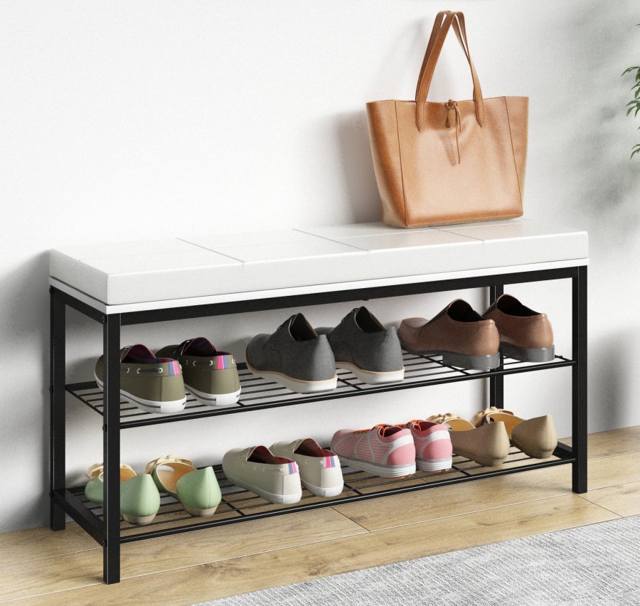 VCM NORDIC Taliro skostativ, m. 2 hyller og polstret benk - hvitt og svart metall (90x30)