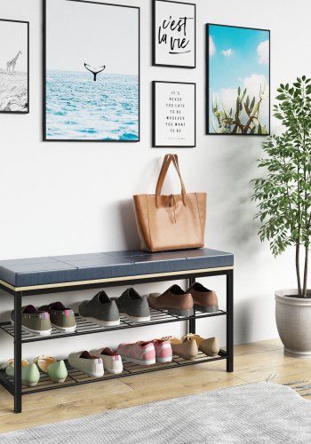 VCM NORDIC Taliro Schuhregal, m. 2 Ablagen und gepolsterter Sitzbank - Natur und Schwarz Metall (90x30)