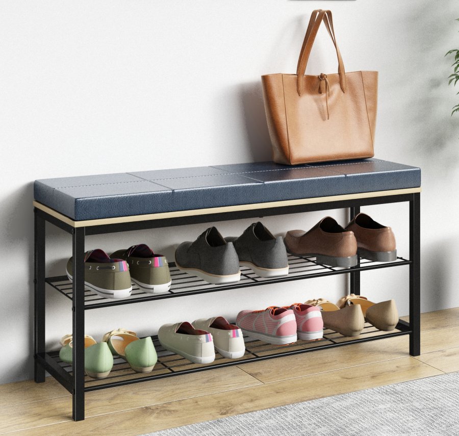 VCM NORDIC Taliro Schuhregal, m. 2 Ablagen und gepolsterter Sitzbank - Natur und Schwarz Metall (90x30)