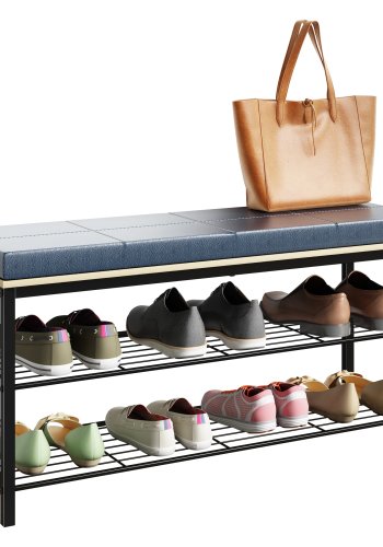 VCM NORDIC Taliro Schuhregal, m. 2 Ablagen und gepolsterter Sitzbank - Natur und Schwarz Metall (90x30)