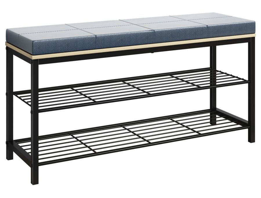 VCM NORDIC Taliro Schuhregal, m. 2 Ablagen und gepolsterter Sitzbank - Natur und Schwarz Metall (90x30)