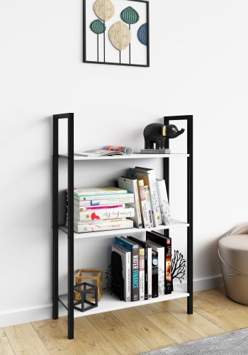 VCM NORDIC Flakos Bücherregal mit 3 Fächern, mit 3 Regalen – weißes Holz und Metall