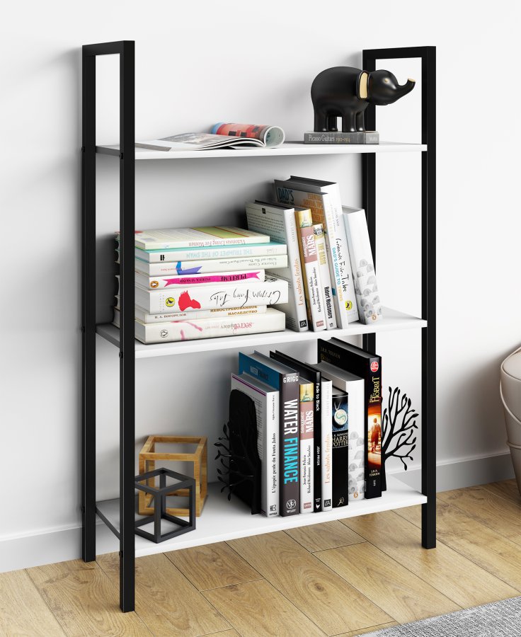 VCM NORDIC Flakos Bücherregal mit 3 Fächern, mit 3 Regalen – weißes Holz und Metall