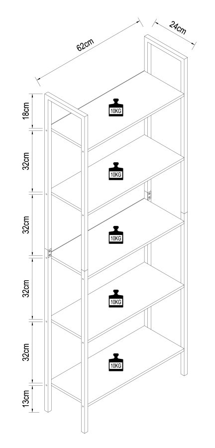 VCM NORDIC Flakos 5-Fach-Bücherregal mit 5 Regalen – Naturholz und Metall
